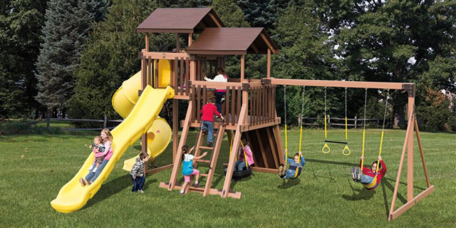 vinyl playset with faux-wooden exterior features wood finish and wood grain playset