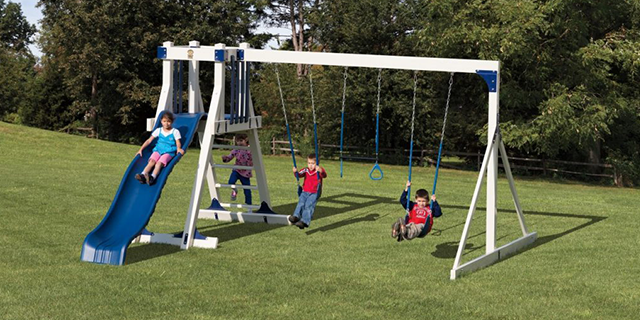 frolic zone small backyard swing set with two swings, an open tower, trapeze rings, and a slide frolic zone fa33-2 small backyard swing set