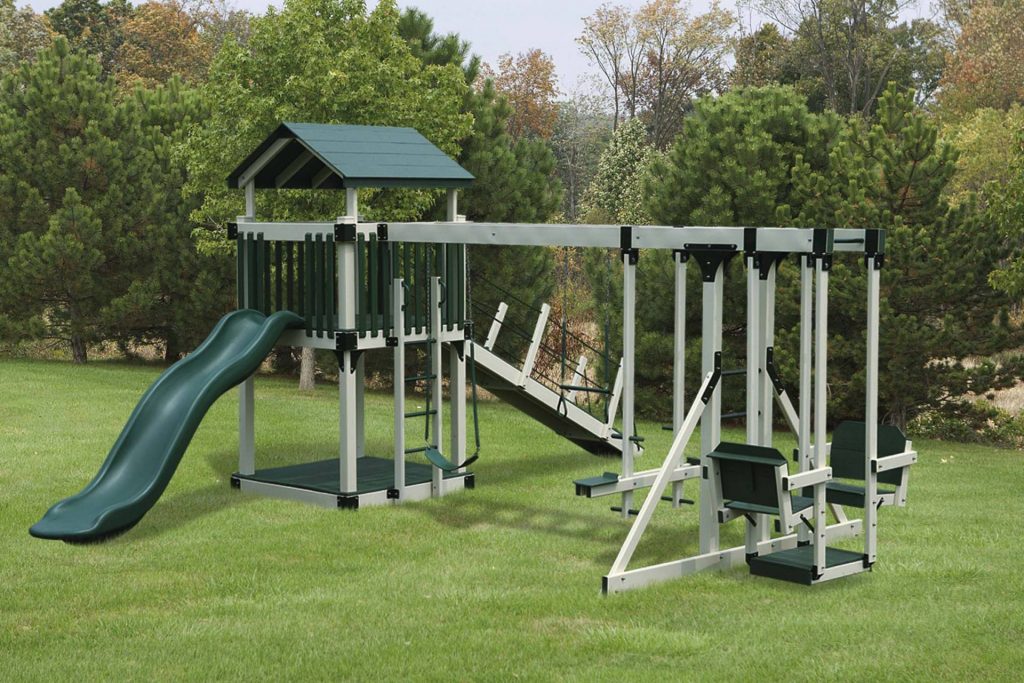 Custom playset with a green play tower cover, green slide and tan beams