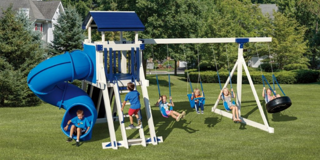 best outdoor playset for toddlers with 4 swings, a twisty turbo slide, small tower, ladder, and rock wall giggle junction outdoor playset for toddlers
