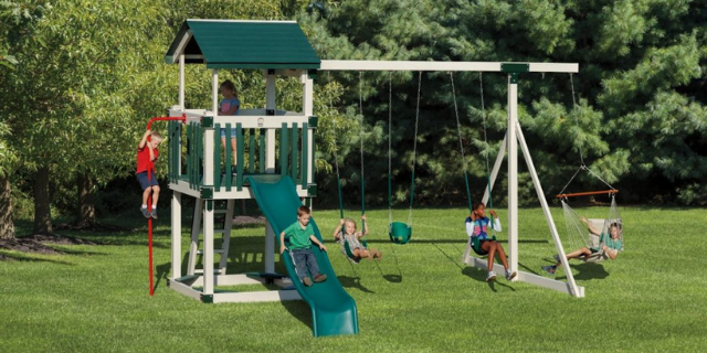 busy basecamp playset with a hammock swing, two belt swings, and baby swing busy basecamp with hammock swing