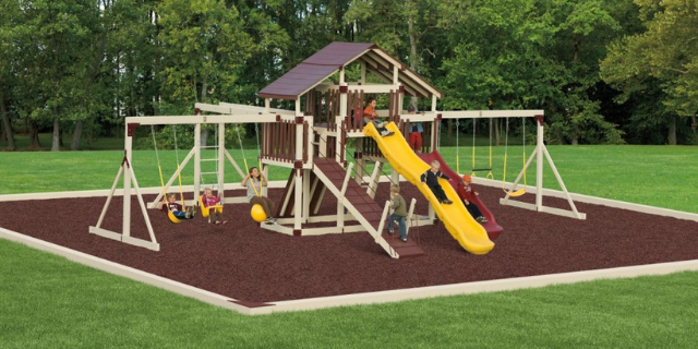fantasy fortress swing set with a ball swing, three traditional swings, safety swing for toddlers, and trapeze bar with rings fantasy fortress with ball swing