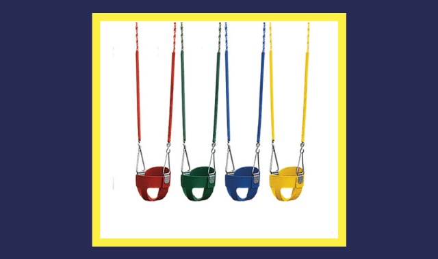 full bucket baby swings from adventure world in green, blue, red, and yellow kinds of full bucket baby swings