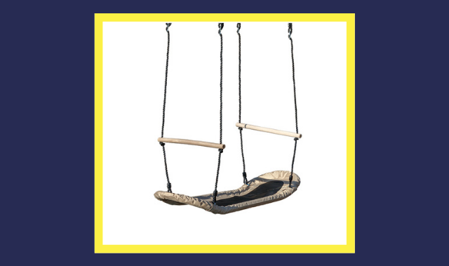 surf-board style swing with shape that allows for multiple ways to swing surf swing for playset
