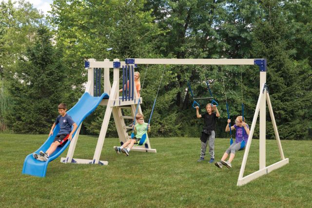 girl outside playing an imagination game like hide-and-seek playset swings