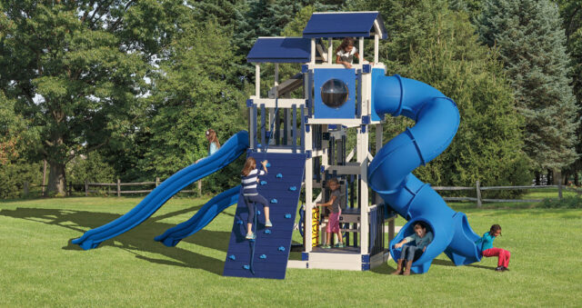 playset with super-size twisty slides and extra swing beams kids playing on swing set