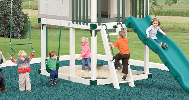 backyard playset with swings and trapeze sand box for kids
