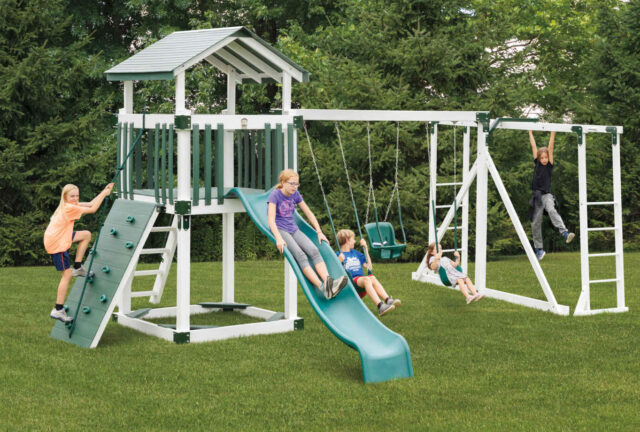 backyard play structures with fun features like an imaginary lemonade stand monkey bar for kids